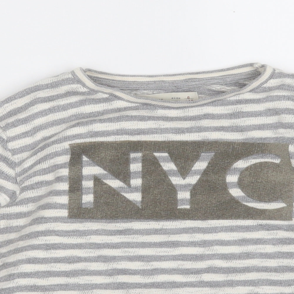 Zara Boys Grey Striped Cotton Pullover T-Shirt Size 6-7 Years Round Neck  - NYC
