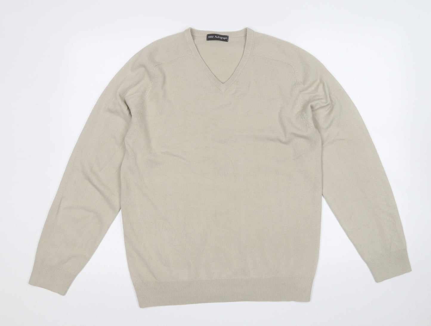 Marks and Spencer Mens Beige V-Neck  Acrylic Pullover Jumper Size S