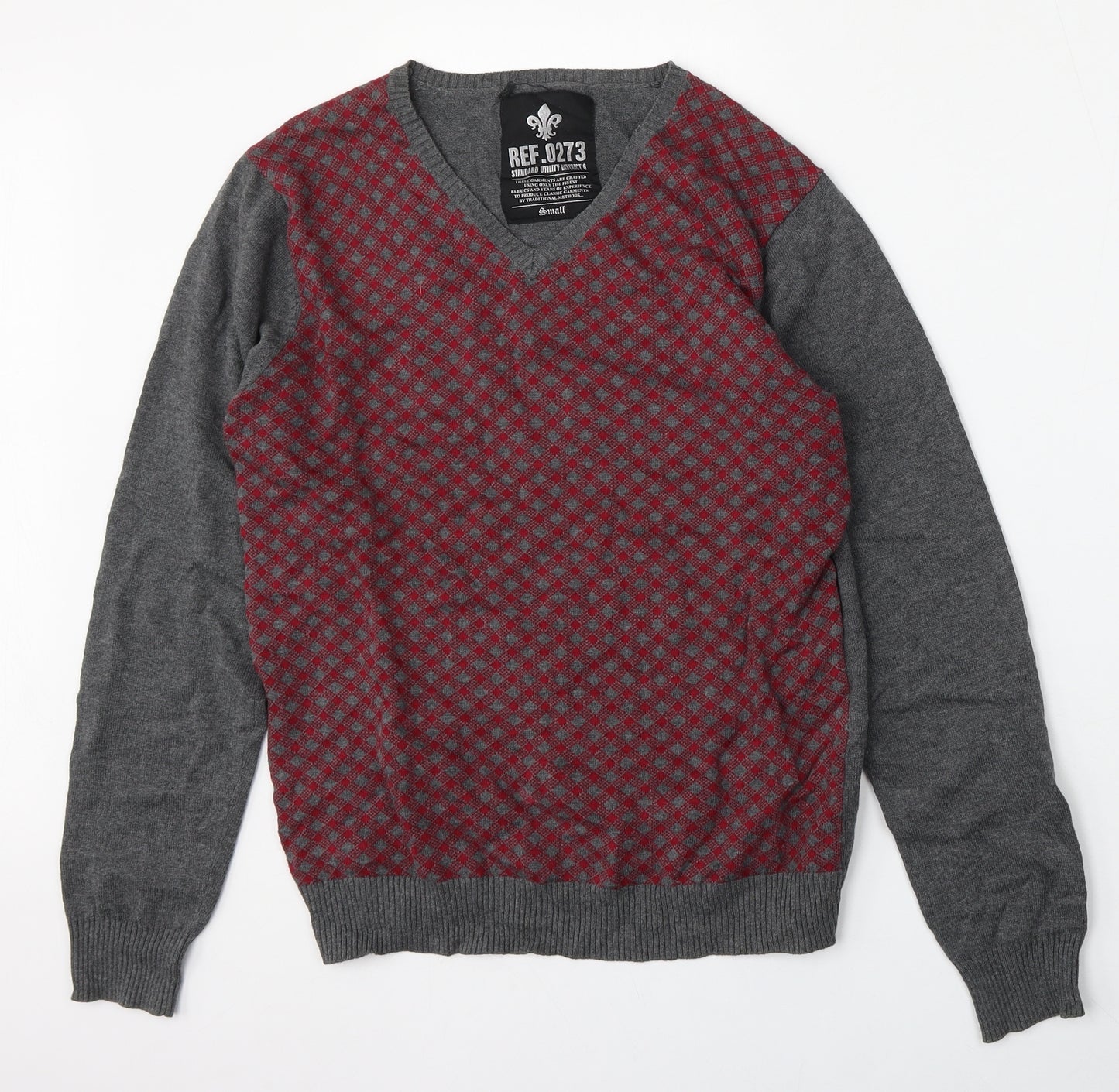 Ref 0273 Mens Grey V-Neck Geometric Cotton Pullover Jumper Size S