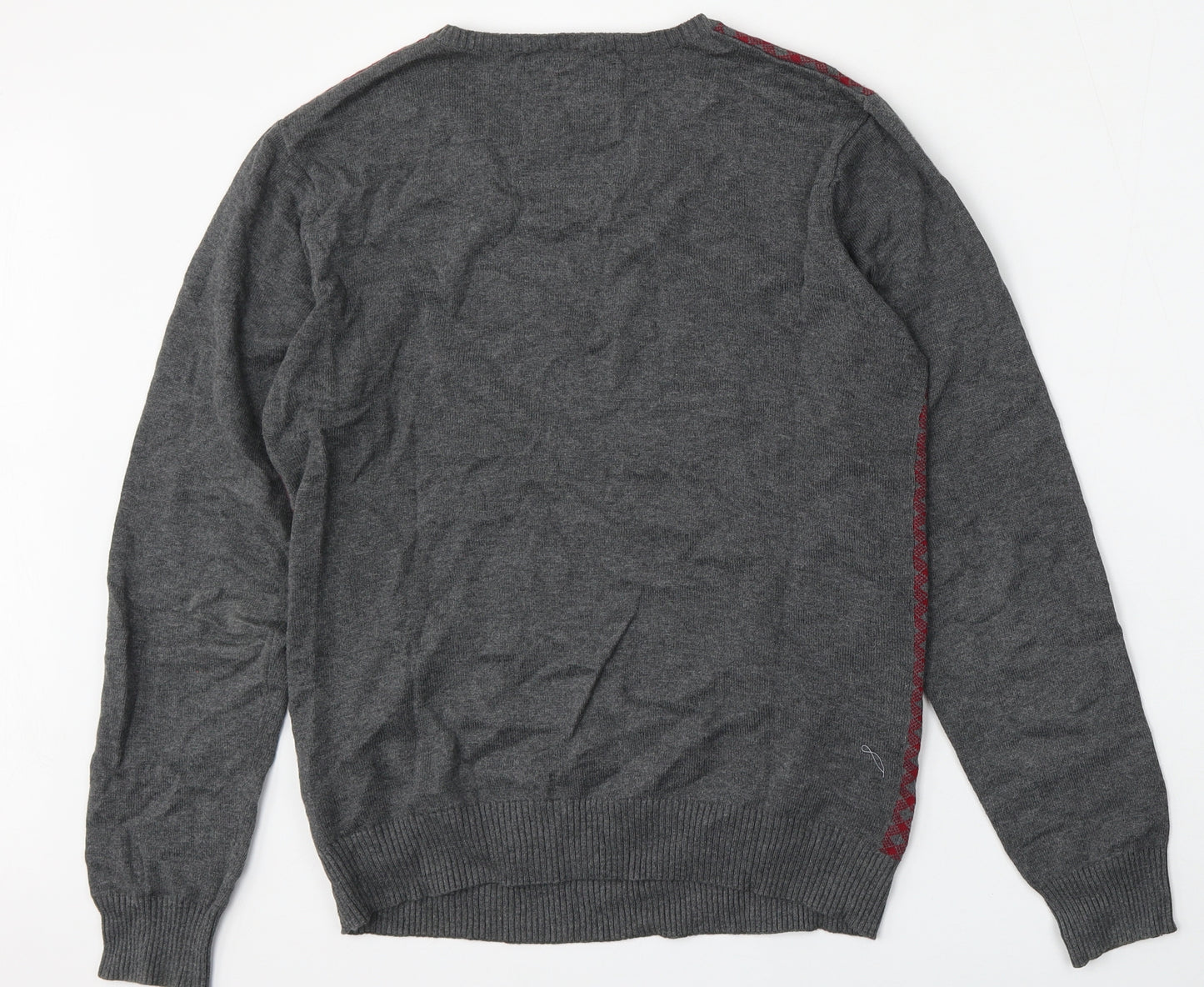 Ref 0273 Mens Grey V-Neck Geometric Cotton Pullover Jumper Size S