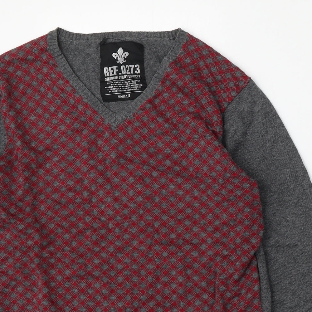 Ref 0273 Mens Grey V-Neck Geometric Cotton Pullover Jumper Size S