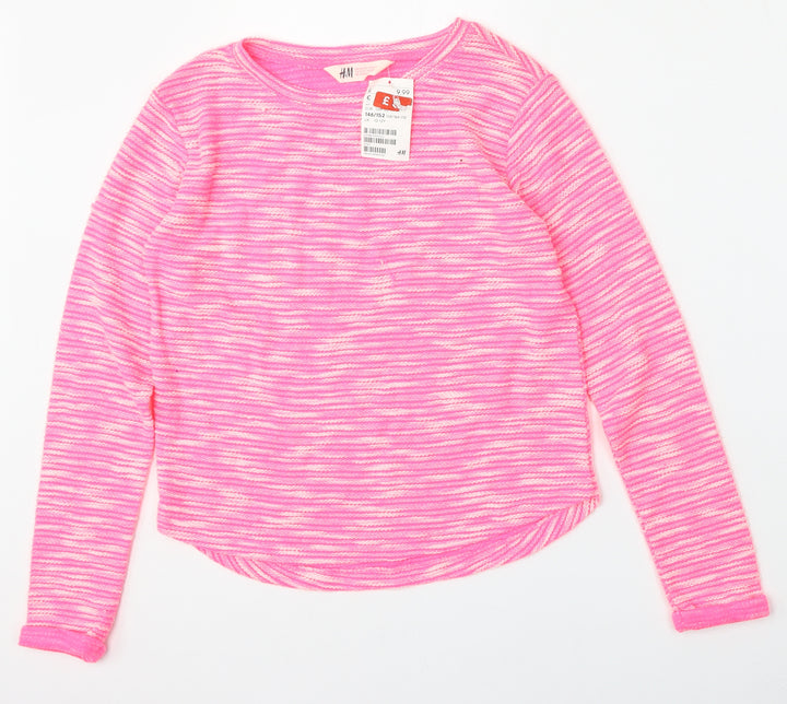 H&M Girls Pink Round Neck Striped Polyester Pullover Jumper Size 10-11 Years