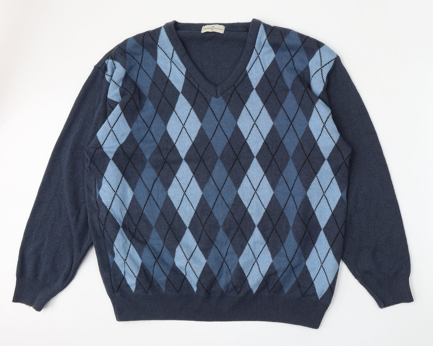 Caribou Menswear Mens Blue V-Neck Argyle/Diamond Cotton Pullover Jumper Size 4XL