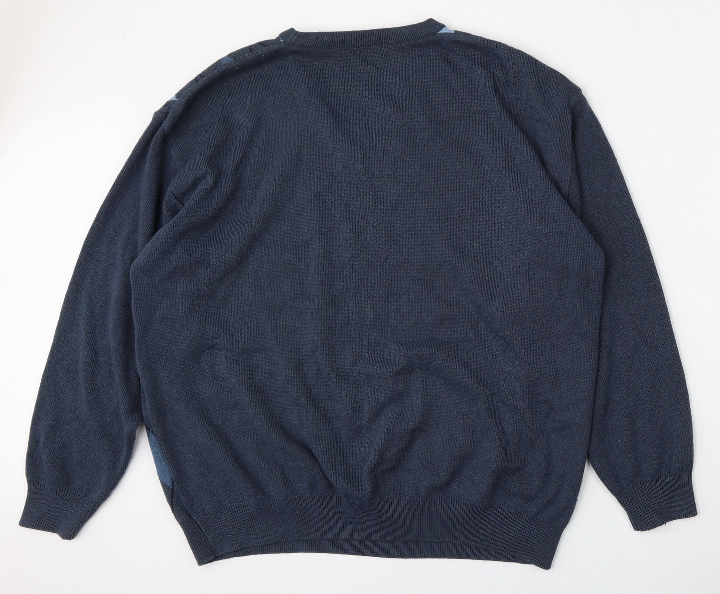 Caribou Menswear Mens Blue V-Neck Argyle/Diamond Cotton Pullover Jumper Size 4XL