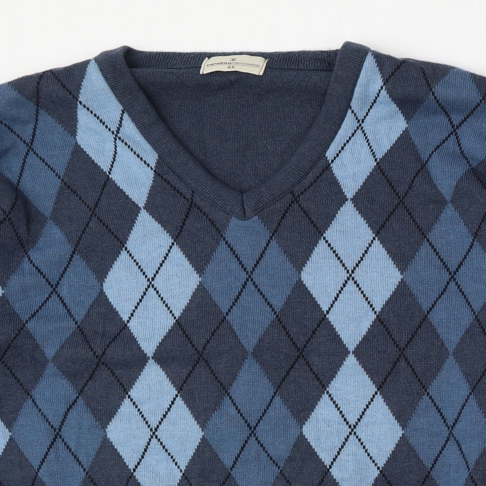 Caribou Menswear Mens Blue V-Neck Argyle/Diamond Cotton Pullover Jumper Size 4XL