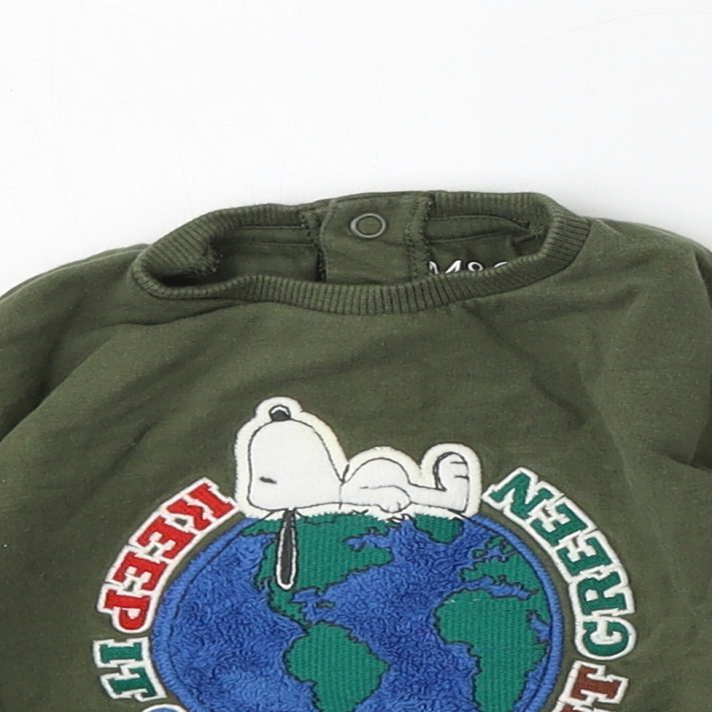 Marks and Spencer Boys Green  Cotton Pullover Jumper Size 6-9 Months   - Snoopy Environment