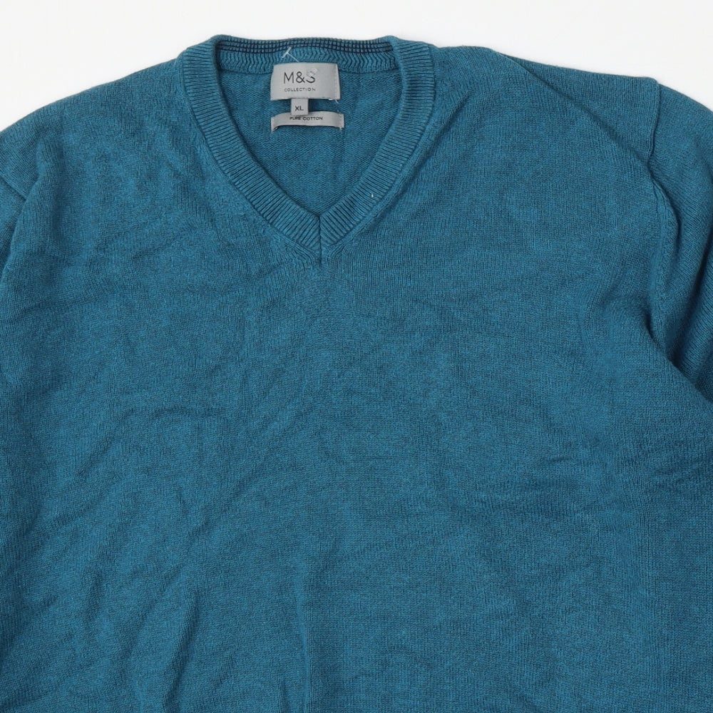 Marks and Spencer Mens Blue V-Neck  Cotton Pullover Jumper Size XL