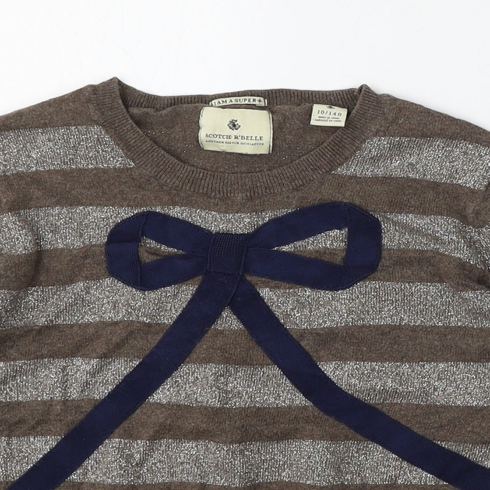 Scotch R'Belle Girls Brown Round Neck Striped Cotton Pullover Jumper Size 10 Years