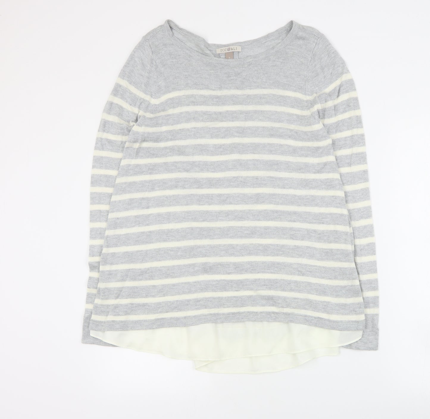 Roz & Ali Womens Grey Round Neck Striped Nylon Pullover Jumper Size L