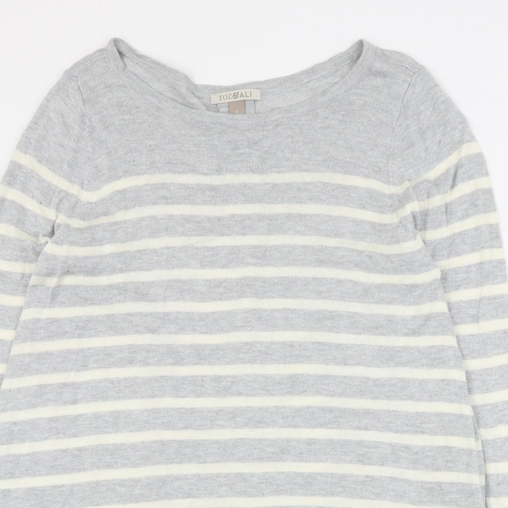 Roz & Ali Womens Grey Round Neck Striped Nylon Pullover Jumper Size L