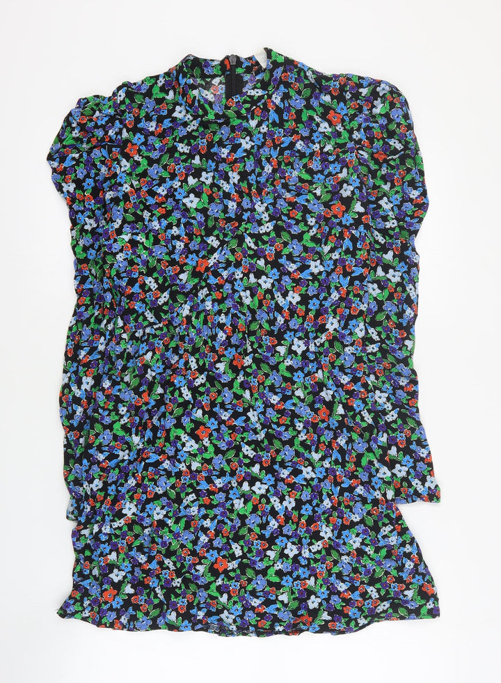 Topshop Womens Black Floral Viscose A-Line  Size 8  High Neck Zip