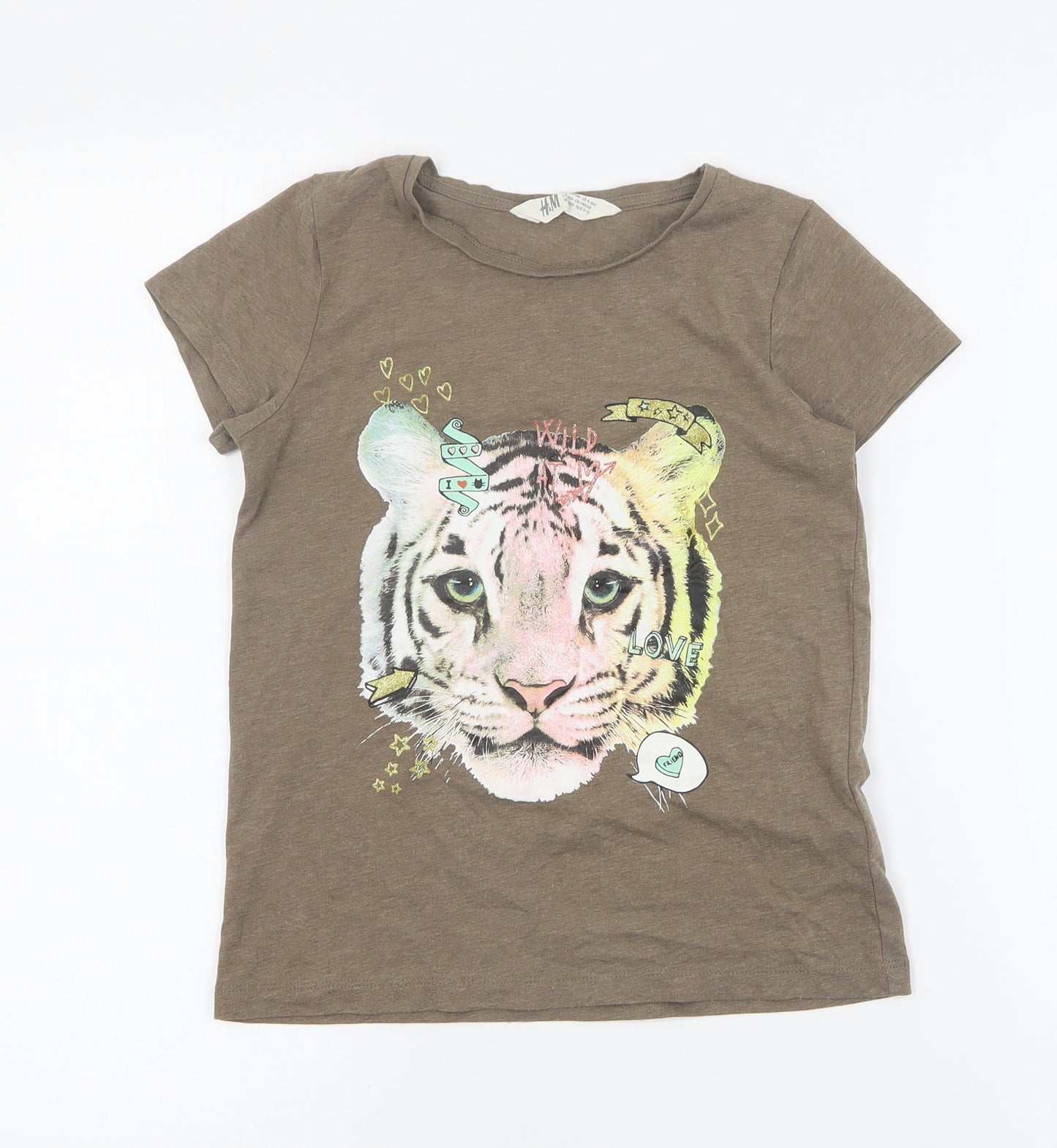 H&M Girls Brown  Cotton Basic T-Shirt Size 9-10 Years Round Neck Pullover