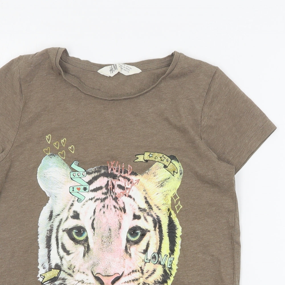 H&M Girls Brown  Cotton Basic T-Shirt Size 9-10 Years Round Neck Pullover