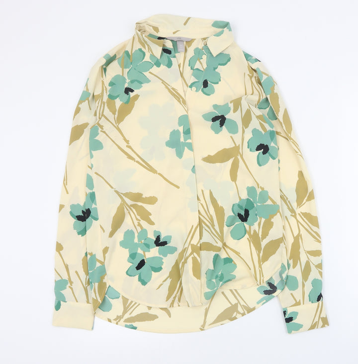 H&M Womens Beige Floral Polyester Basic Blouse Size 6 Collared
