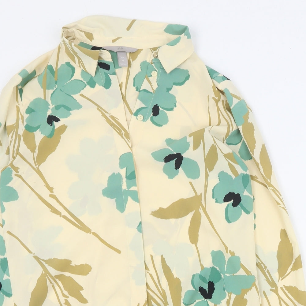 H&M Womens Beige Floral Polyester Basic Blouse Size 6 Collared