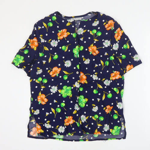 St Roma Womens Blue Floral Viscose Basic Button-Up Size 14 Round Neck
