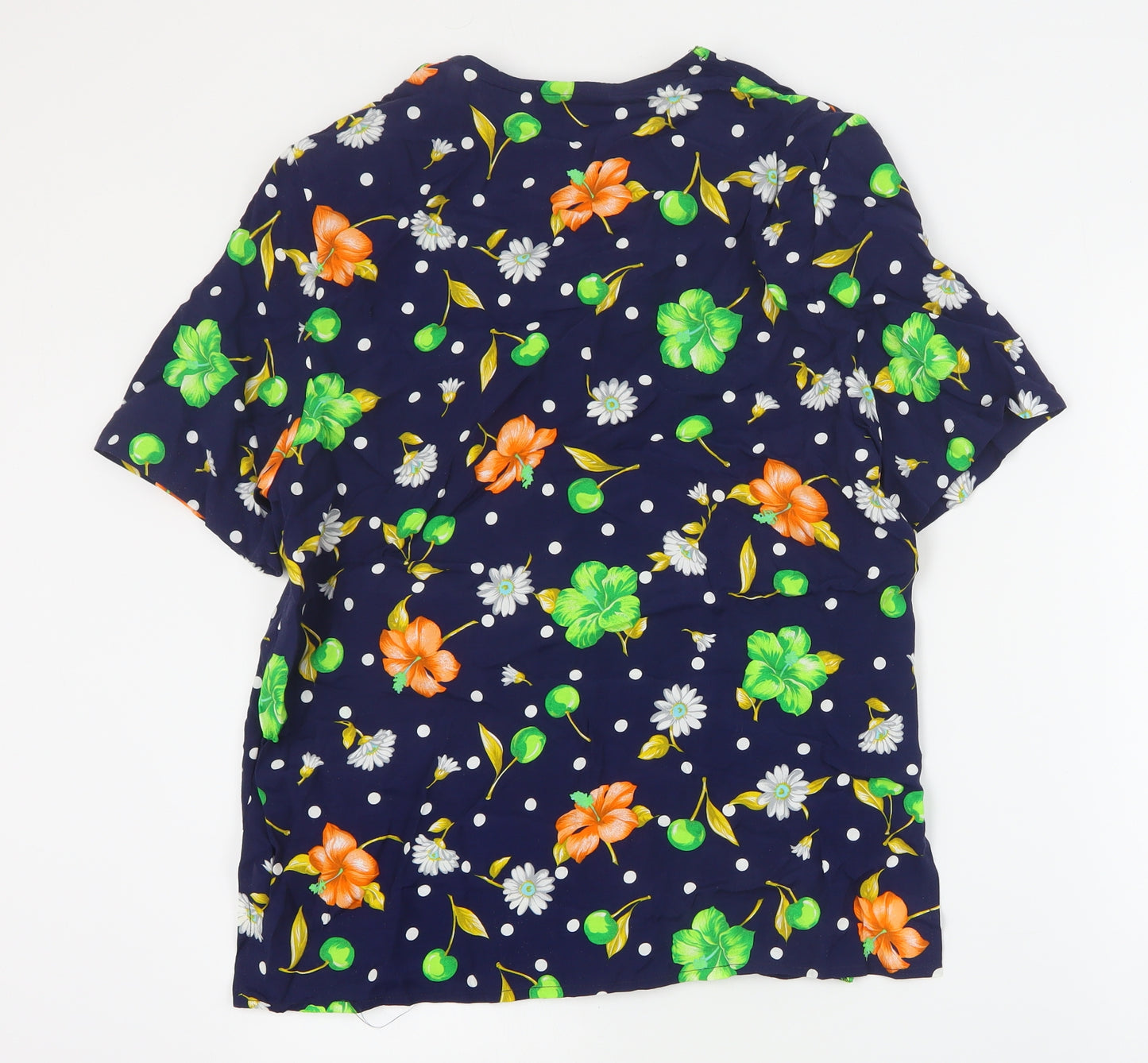 St Roma Womens Blue Floral Viscose Basic Button-Up Size 14 Round Neck