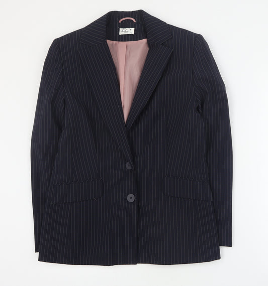 Front view of Select women’s blue striped polyester jacket blazer, size UK 12