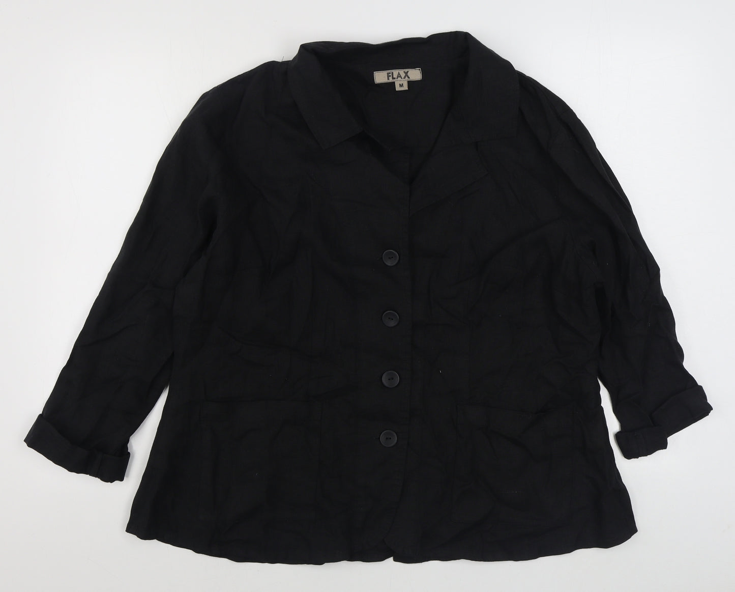 FLAX Womens Black  Linen Basic Button-Up Size M Collared