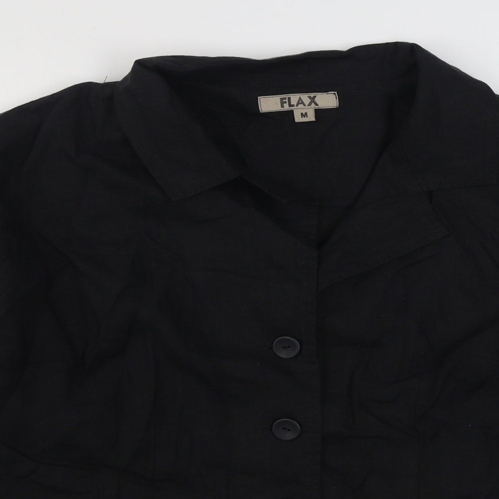 FLAX Womens Black  Linen Basic Button-Up Size M Collared