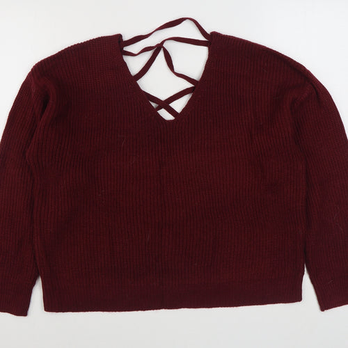 SheIn Womens Red V-Neck  Acrylic Pullover Jumper Size 12