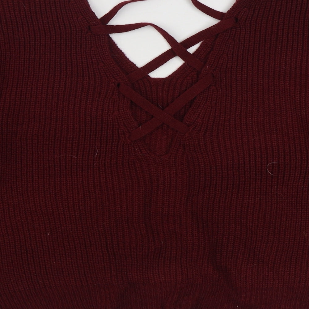 SheIn Womens Red V-Neck  Acrylic Pullover Jumper Size 12