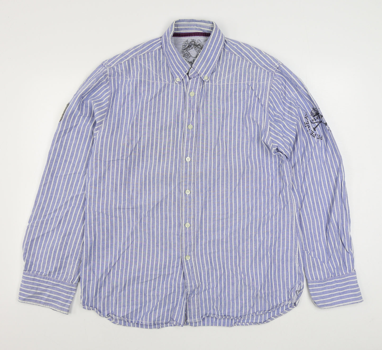 Pepe Jeans Mens Blue Striped Cotton  Button-Up Size 2XL Collared Button