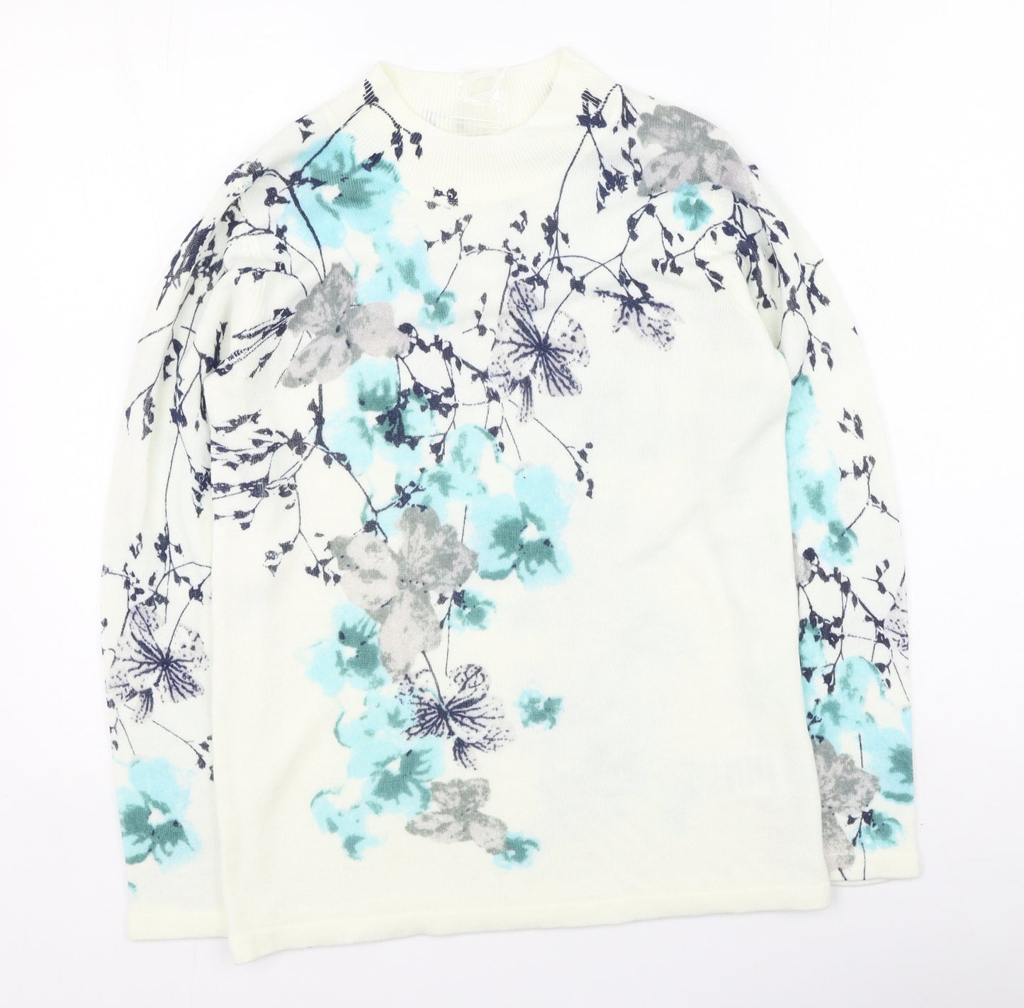 Damart Womens White Round Neck Floral Acrylic Pullover Jumper Size 10
