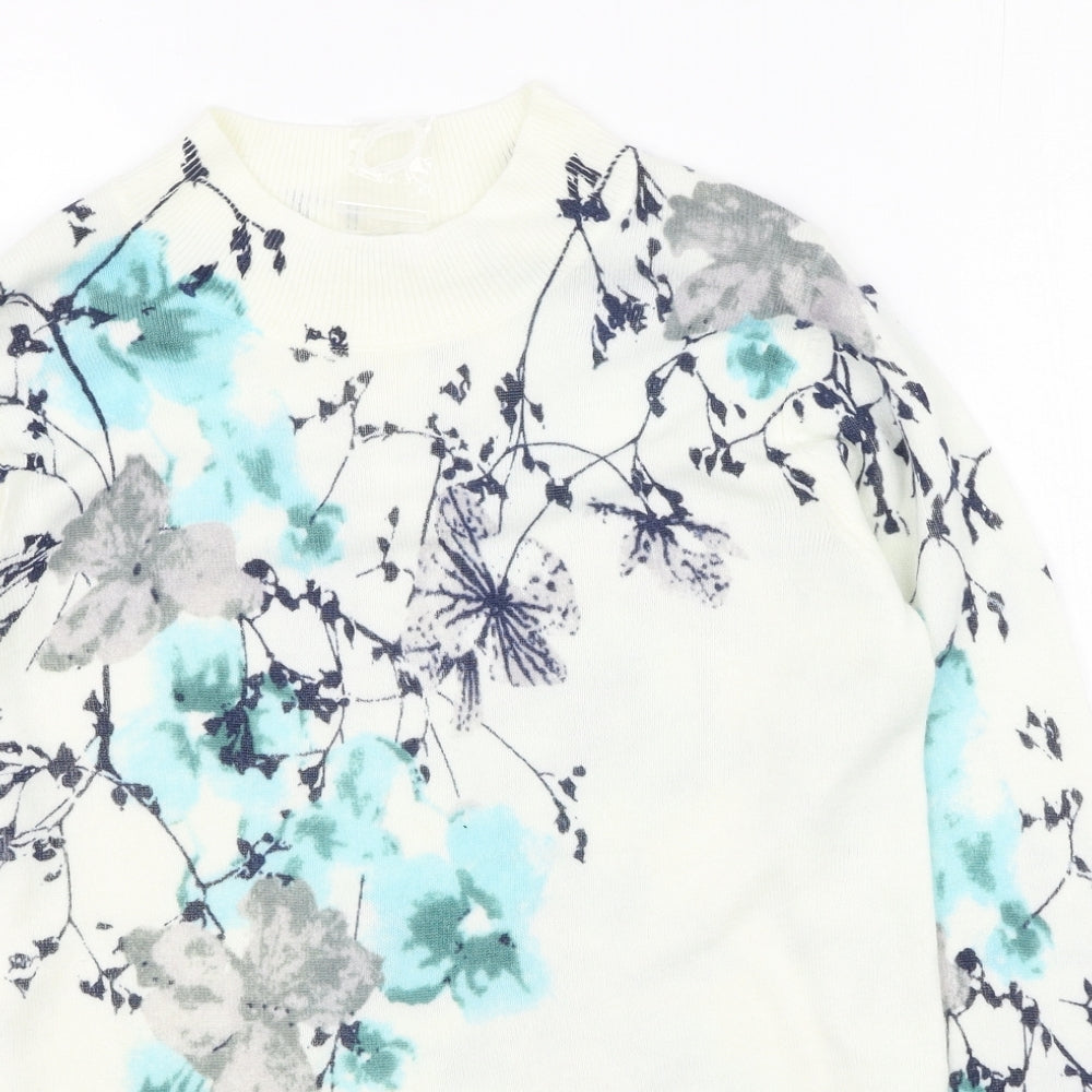 Damart Womens White Round Neck Floral Acrylic Pullover Jumper Size 10