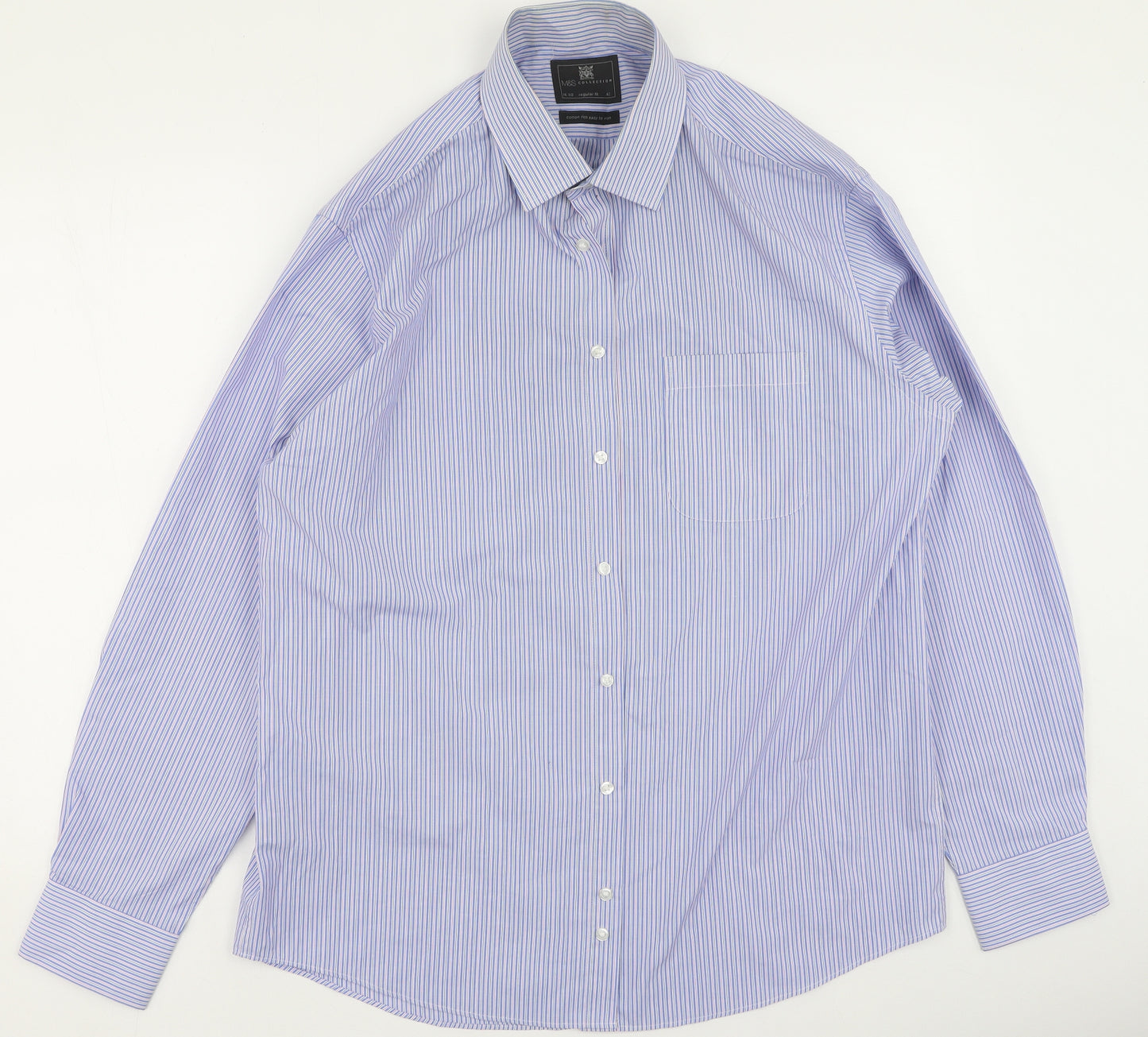Marks and Spencer Mens Blue Striped Cotton  Button-Up Size 42 Collared