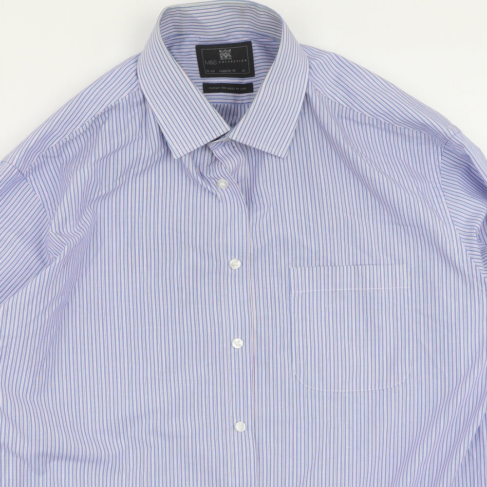 Marks and Spencer Mens Blue Striped Cotton  Button-Up Size 42 Collared