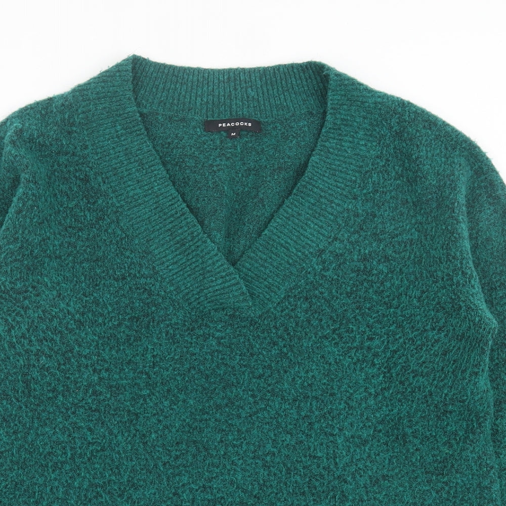 Peacocks Womens Green V-Neck  Acrylic Pullover Jumper Size M