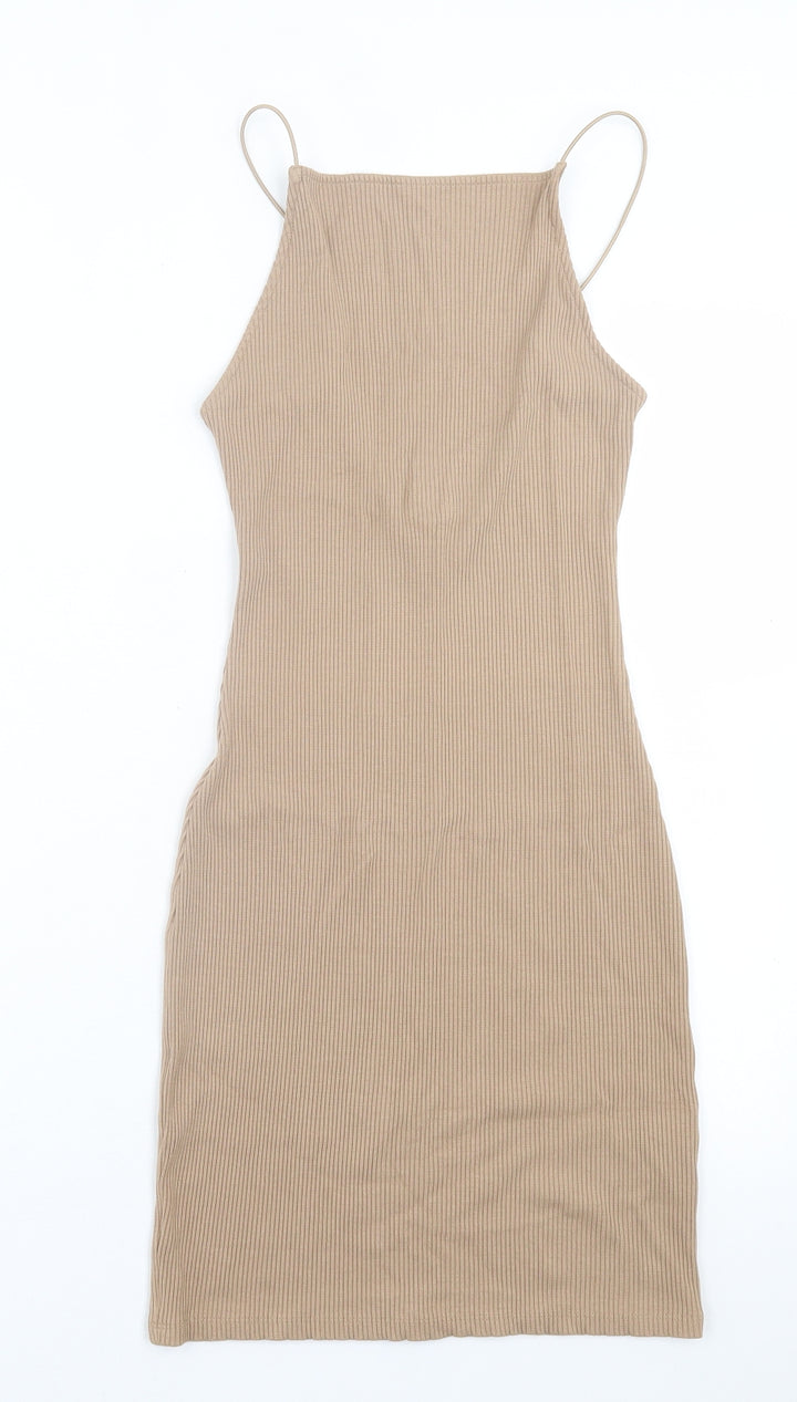 H&M Womens Beige Viscose Bodycon Size XS Square Neck Pullover