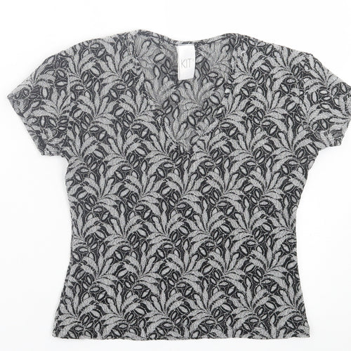 Kit Womens Black Floral Polyamide Cropped T-Shirt Size 12 V-Neck