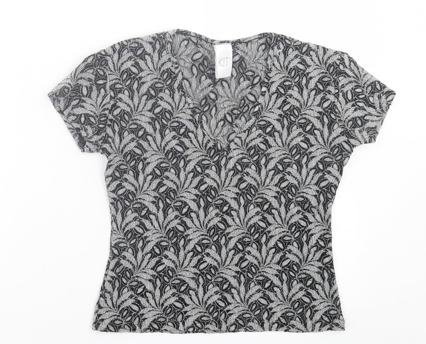 Kit Womens Black Floral Polyamide Cropped T-Shirt Size 12 V-Neck