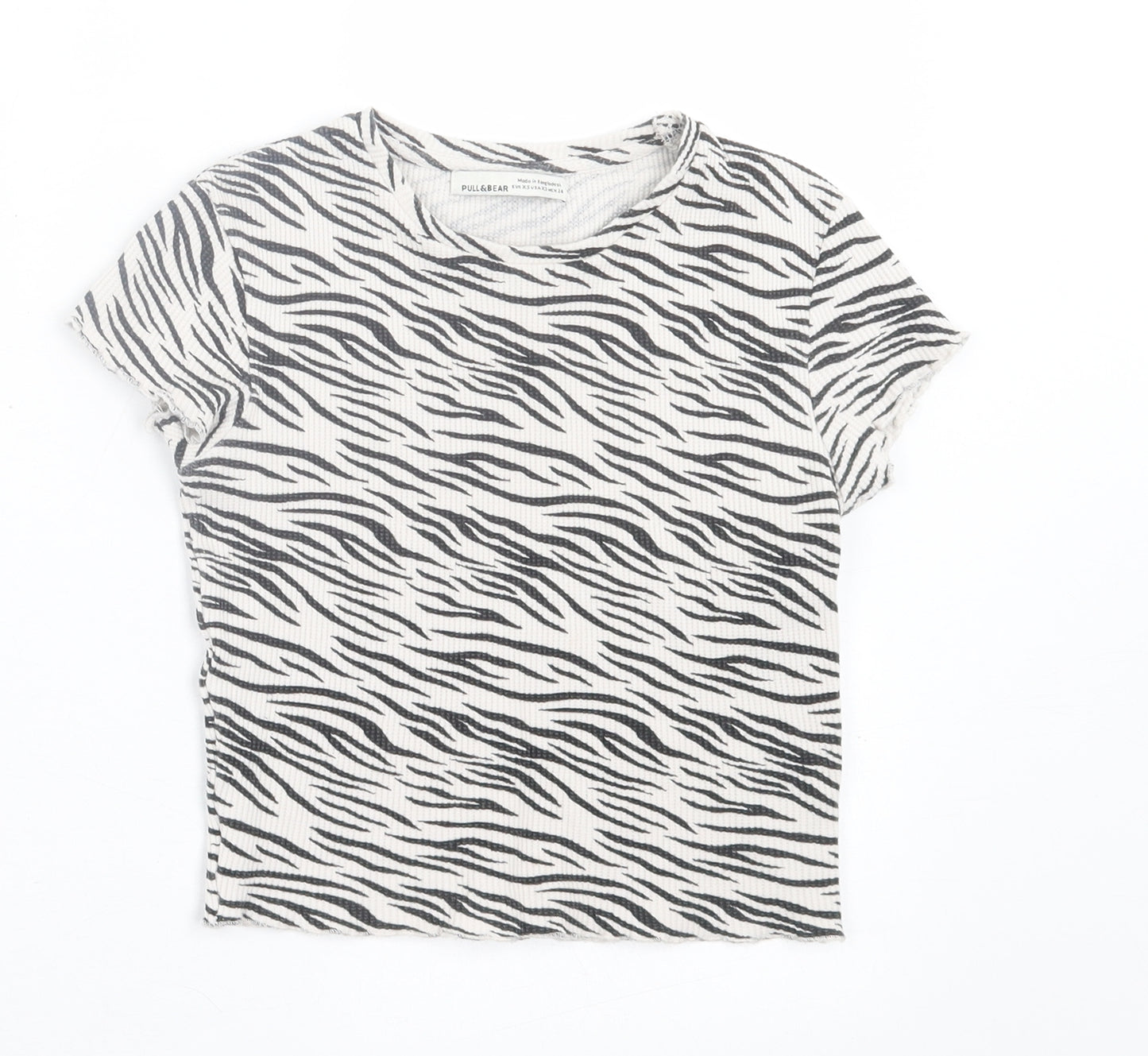 Pull&Bear Womens White Animal Print Polyester Cropped T-Shirt Size XS Crew Neck
