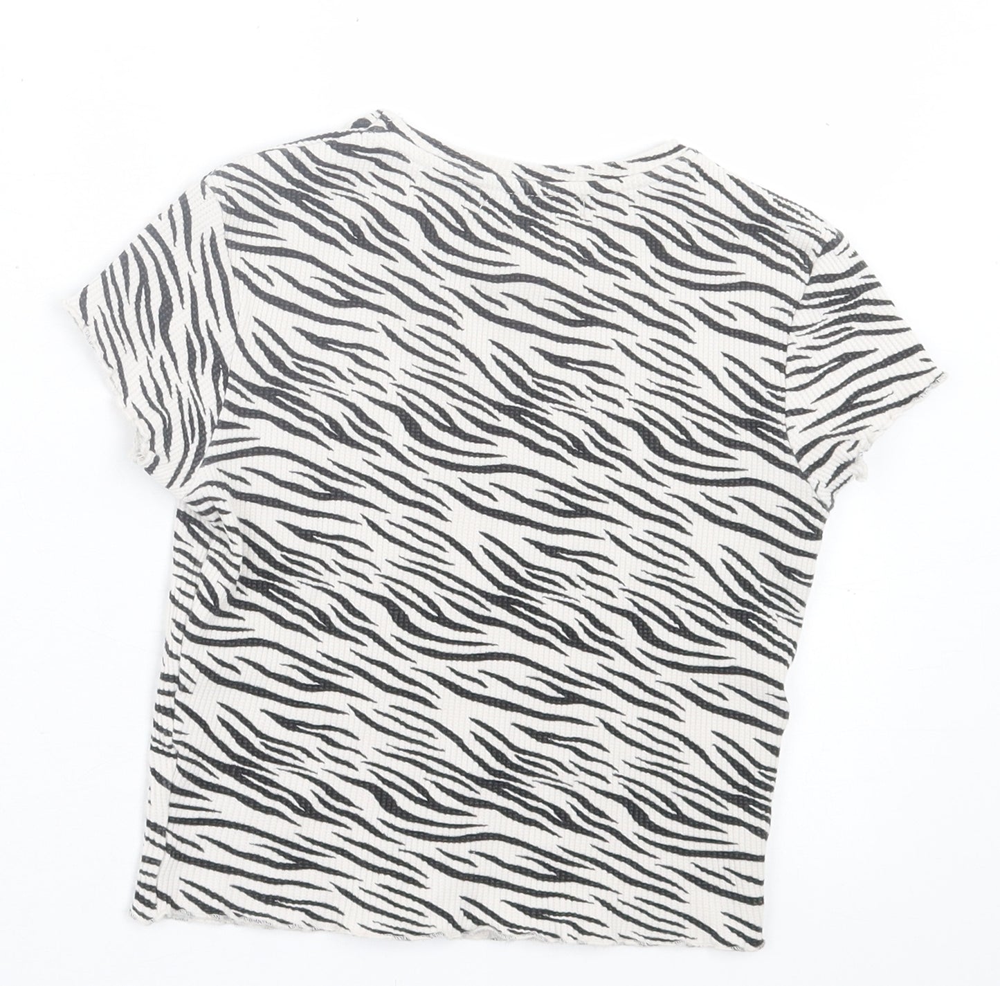 Pull&Bear Womens White Animal Print Polyester Cropped T-Shirt Size XS Crew Neck