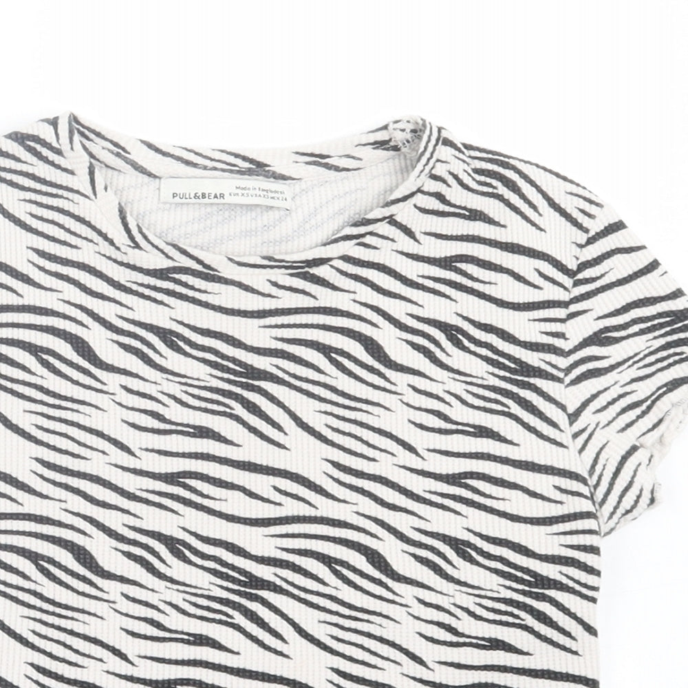 Pull&Bear Womens White Animal Print Polyester Cropped T-Shirt Size XS Crew Neck