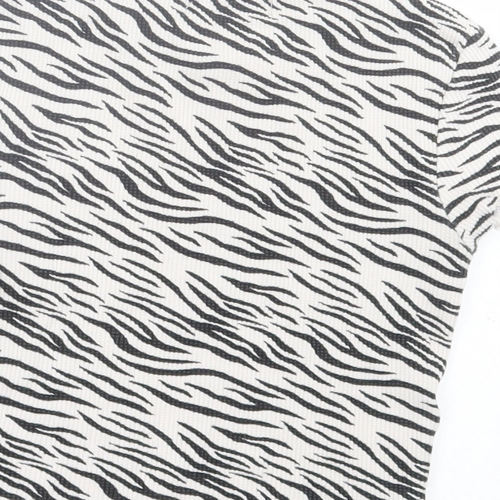 Pull&Bear Womens White Animal Print Polyester Cropped T-Shirt Size XS Crew Neck