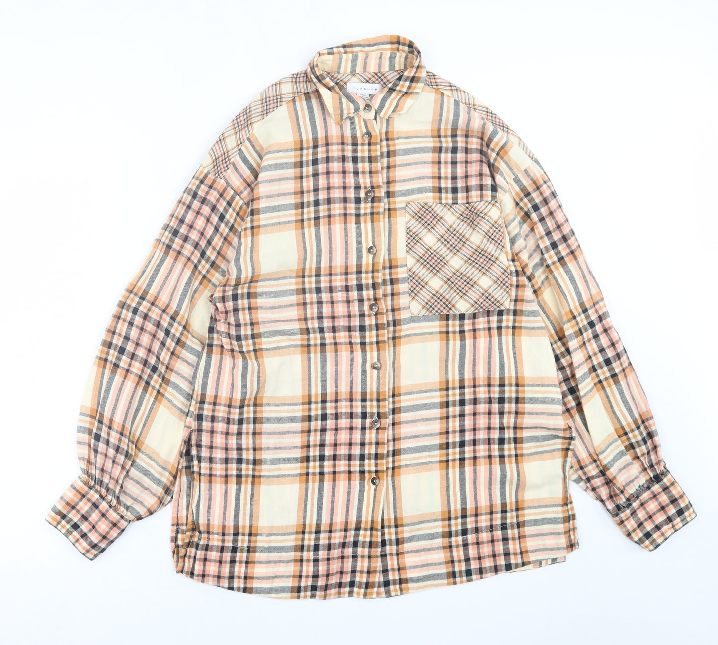 Topshop Womens Orange Plaid Cotton Shirt Dress  Size XS  Collared Button