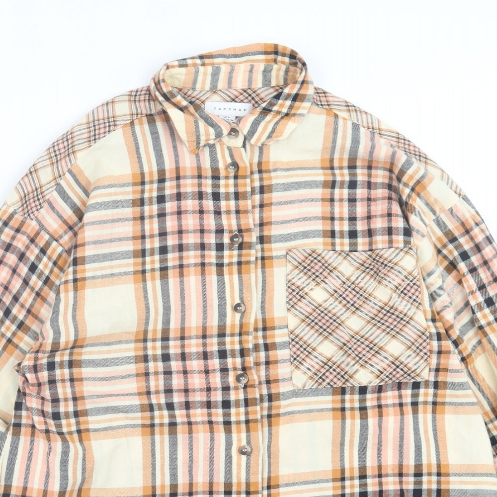 Topshop Womens Orange Plaid Cotton Shirt Dress  Size XS  Collared Button