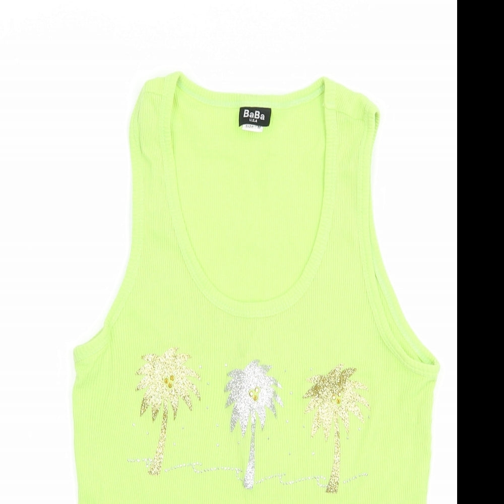 BaBa Womens Green  Cotton Basic Tank Size M Scoop Neck - Palm Trees