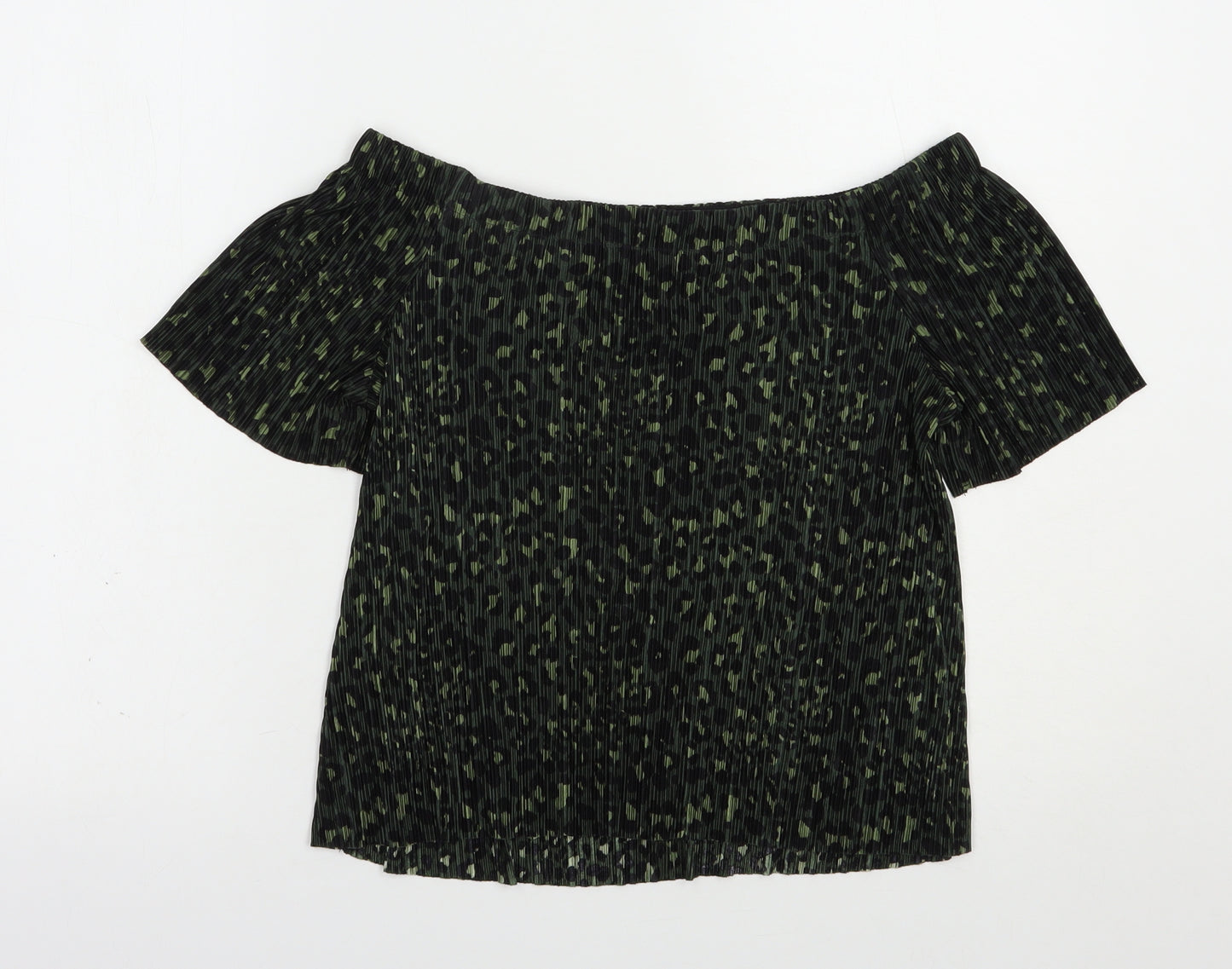 New Look Womens Green Animal Print Polyester Basic Blouse Size 8 Off the Shoulder