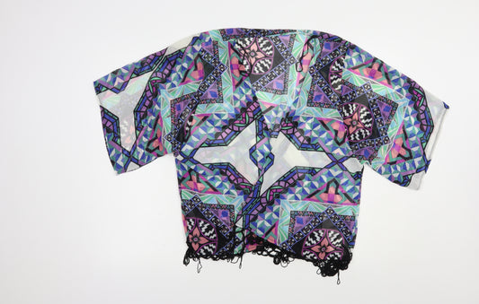 Front view of Atmosphere women’s multicoloured geometric polyester kimono blouse, size S, v-neck