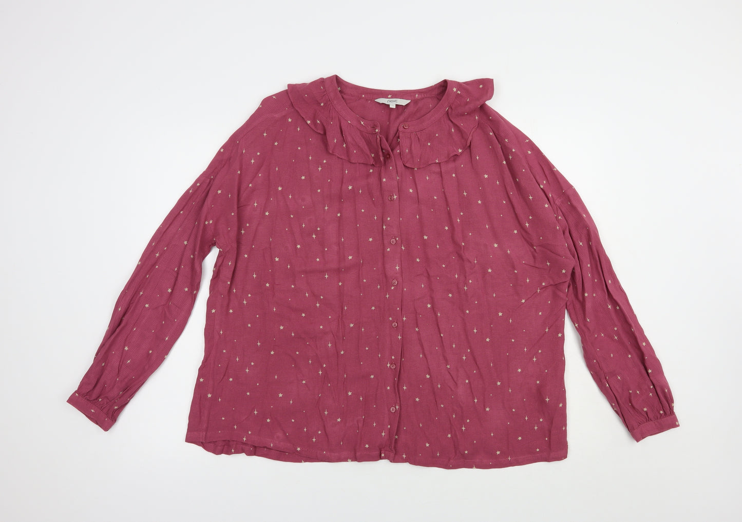 NEXT Womens Pink Geometric Viscose Basic Button-Up Size 14 Collared - Star Print