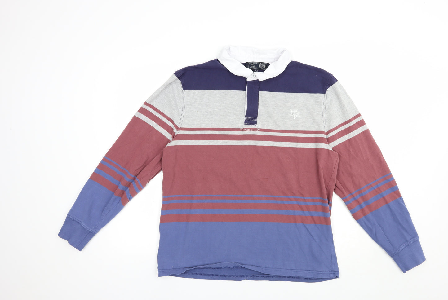 Paul Costelloe Mens Blue Striped Cotton  Polo Size L Collared Button
