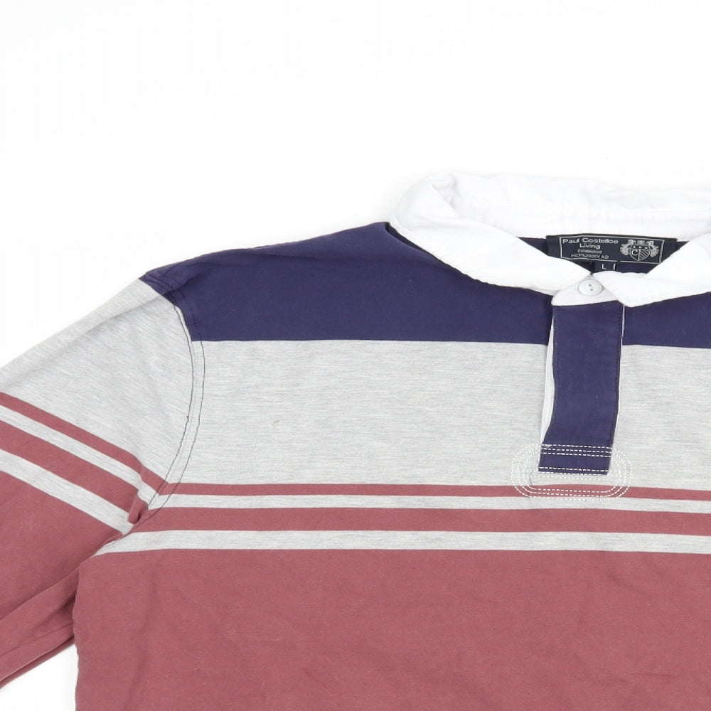 Paul Costelloe Mens Blue Striped Cotton  Polo Size L Collared Button