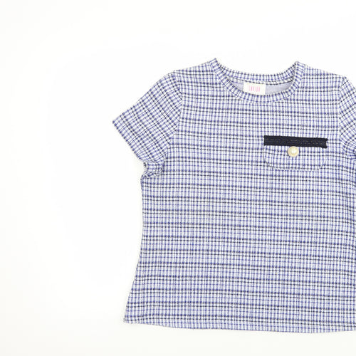 Savida Womens Blue Check Polyester Basic Blouse Size M Crew Neck