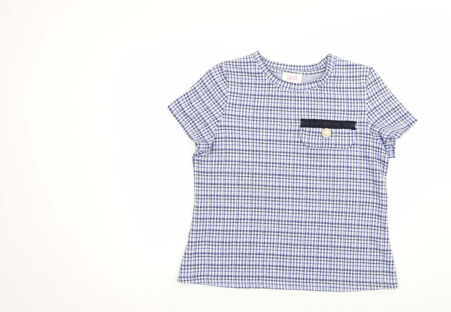 Savida Womens Blue Check Polyester Basic Blouse Size M Crew Neck