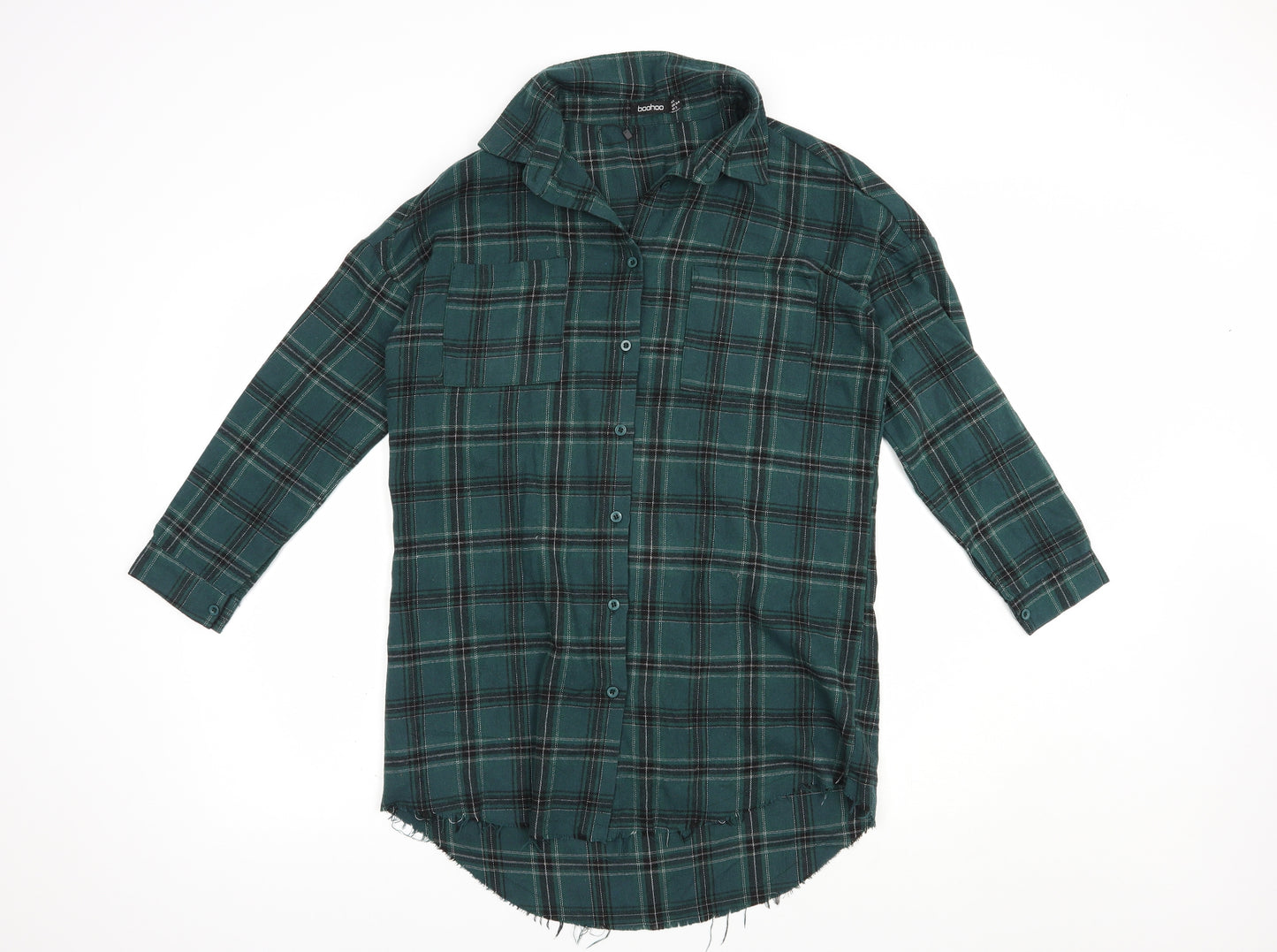 Boohoo Womens Green Plaid Cotton Tunic Button-Up Size 6 Collared